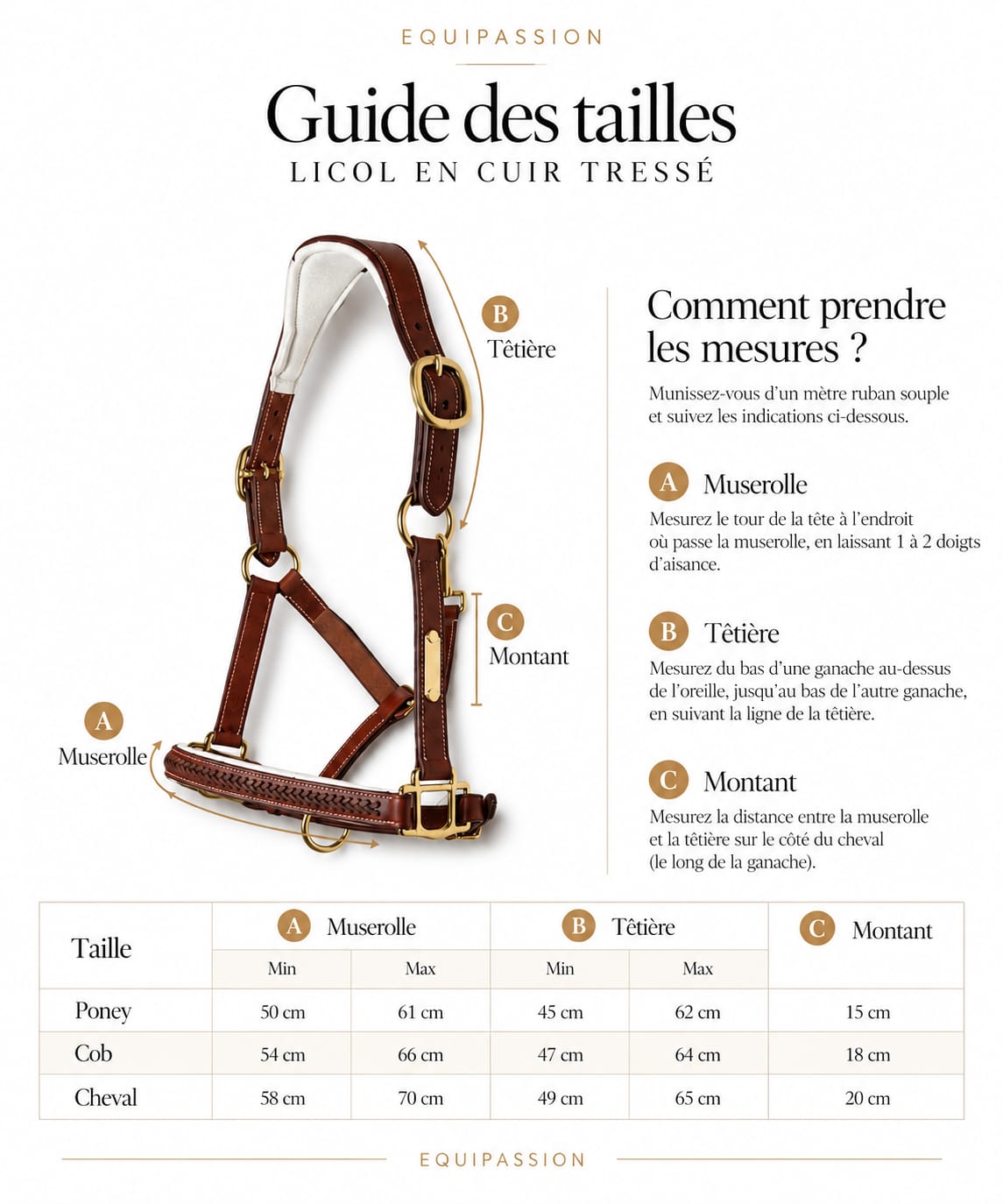 Licol en cuir cheval tressé cognac et blanc | Equipassion - equipassion-boutique